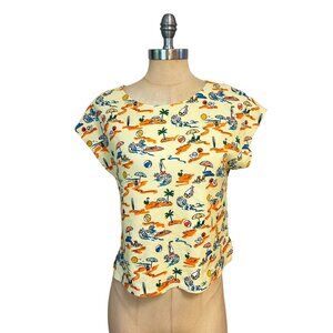 Roller Rabbit Beach Print Yellow Short Sleeve Cotton Top Womens Small